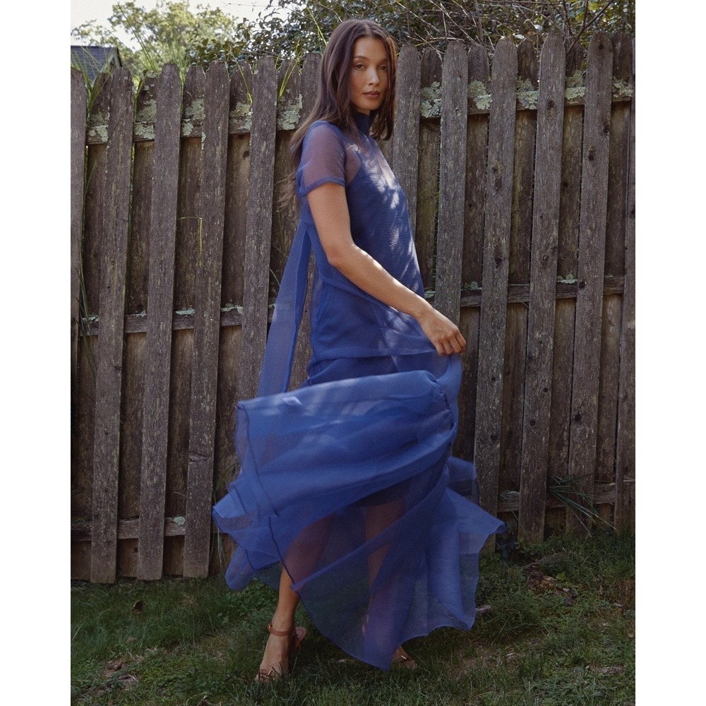 NWT CAARA Melody Tie Neck Organza Ruffle Hem Dress Navy Blue - Size Medium - Picture 3 of 14